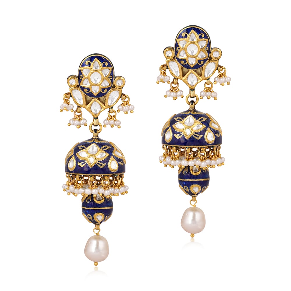 Jhumki Earrings with Blue Enamel, Polki, and Pearls